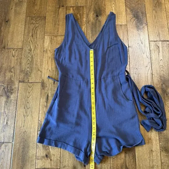 Vici Viscose Linen Blend Belted Romper Sleeveless V-neck Button Down Blue Sz S - Picture 3 of 7